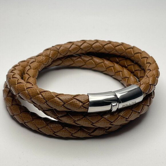 Prada Woven Saffiano Leather Triple Wrap Bracelet - Brown - Preowned - Picture 1 of 8